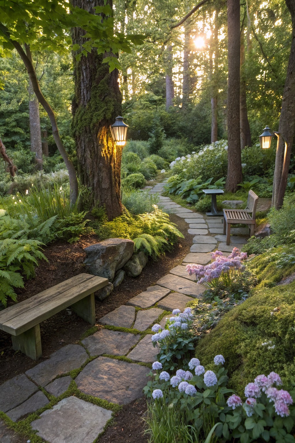 A winding path of irregular moss-covered stone slabs curves through a lush shaded garden with ferns, hydrangea blooms in pink and blue, wooden benches, rocks, and lanterns hung on trees.