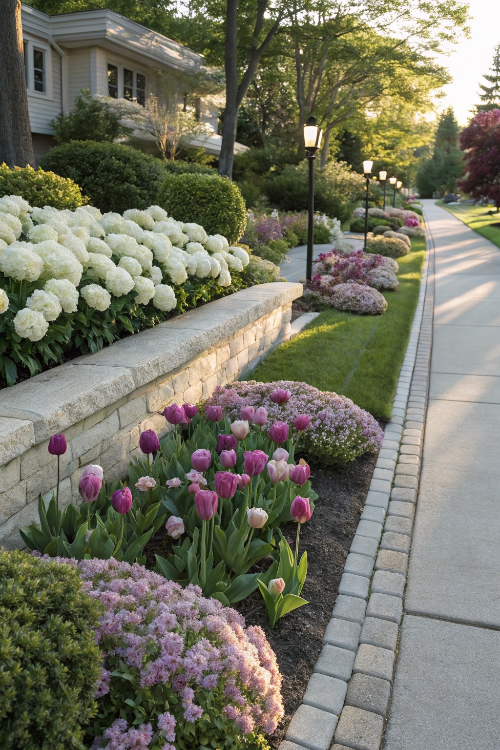 A stone retaining wall along a concrete sidewalk planted with large white hydrangea bushes on top, pink tulips and pink flowering shrubs below, bordered by green lawn and shrubs, with street lamps, trees, and houses in the background.