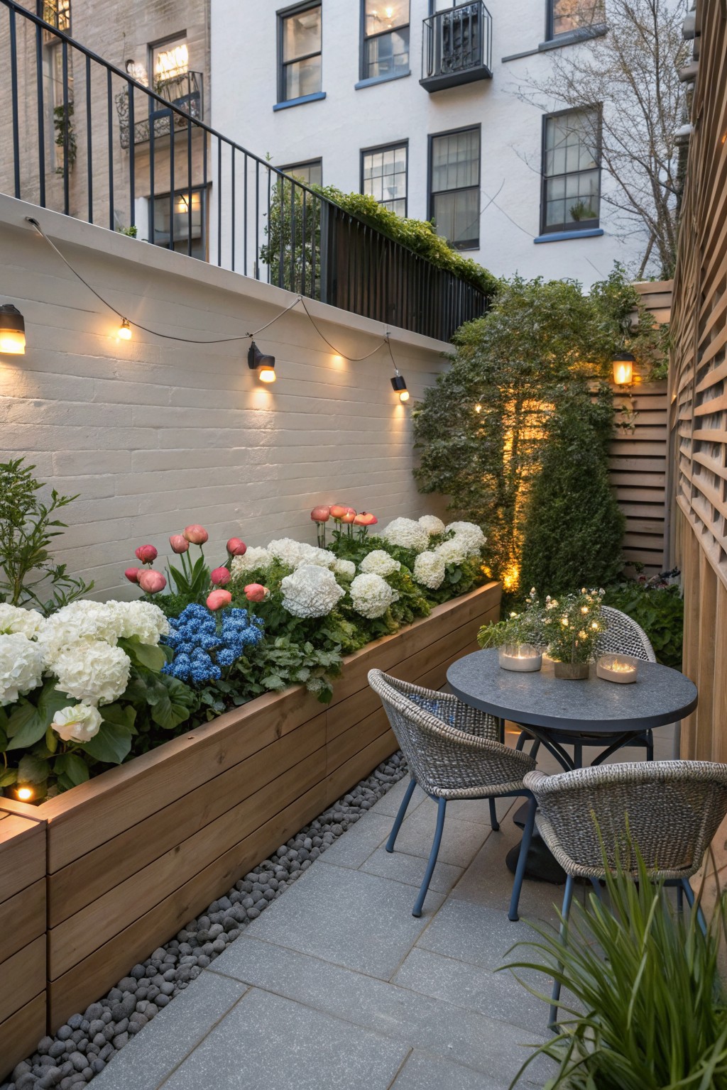 Narrow urban courtyard with tall white brick walls, wooden raised planter box overflowing with white hydrangeas, pink tulips, blue flowers, and greenery, small round metal table with two rattan chairs, string lights, gravel path, and potted plants.