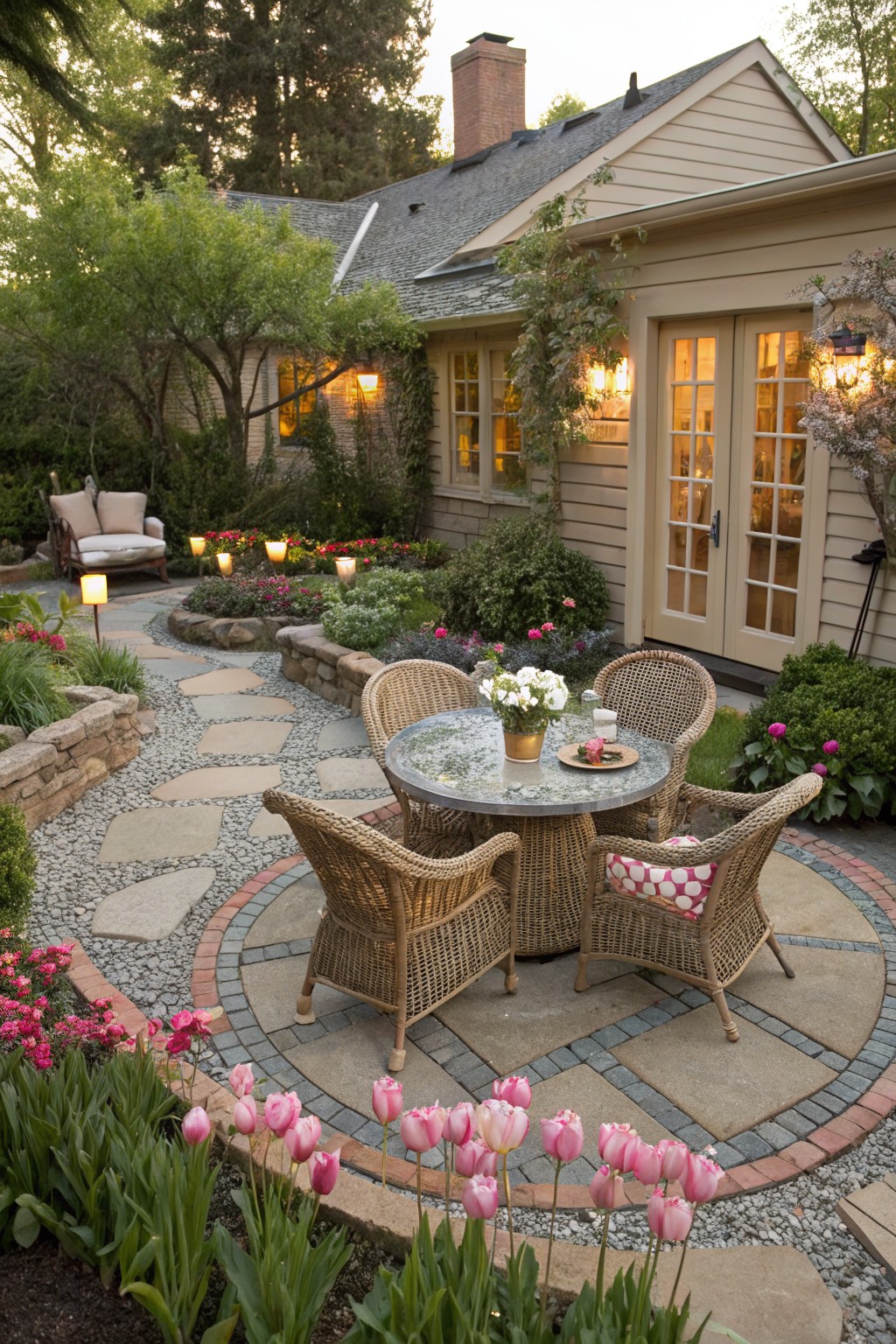 Round glass-top table with four wicker chairs on a circular stone and gravel patio bordered by pink tulips, adjacent to a winding stone path, flower beds, stone walls, and the side of a beige house with French doors.