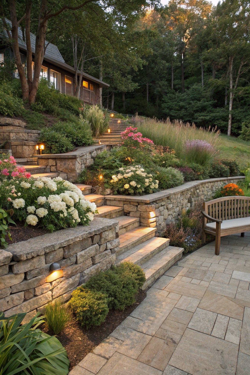 Stone retaining walls form terraced steps up a wooded slope to a house, with planted beds of white hydrangeas, pink flowers, grasses, and low pathway lights, plus a wooden bench on pavers at the base.