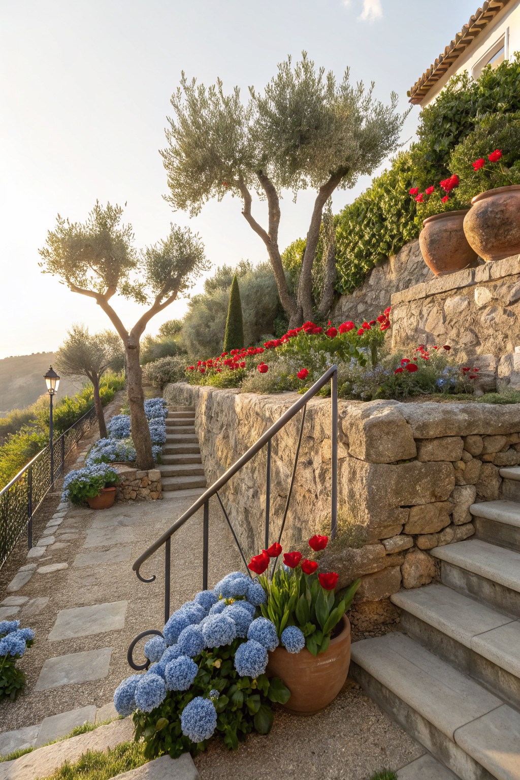 Stone steps with black metal railing on a terraced hillside garden, featuring blue hydrangeas in a large terracotta pot at the base, red tulips nearby, red geraniums in beds above, olive trees, and large terracotta pots.
