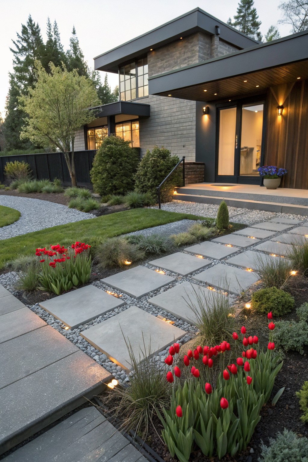 Contemporary house exterior with gray concrete paver pathway featuring integrated edge lighting, bordered by red tulips, ornamental grasses, and gravel beds leading to a front door.