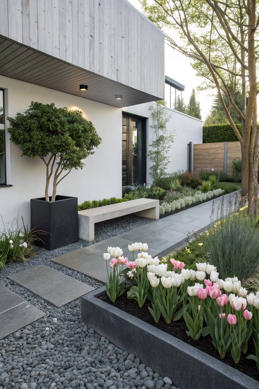 Modern white and gray house exterior with wood cladding, featuring a stone path edged by a black raised bed of pink and white tulips, gravel ground cover, a concrete bench, potted tree, and various shrubs and small trees.