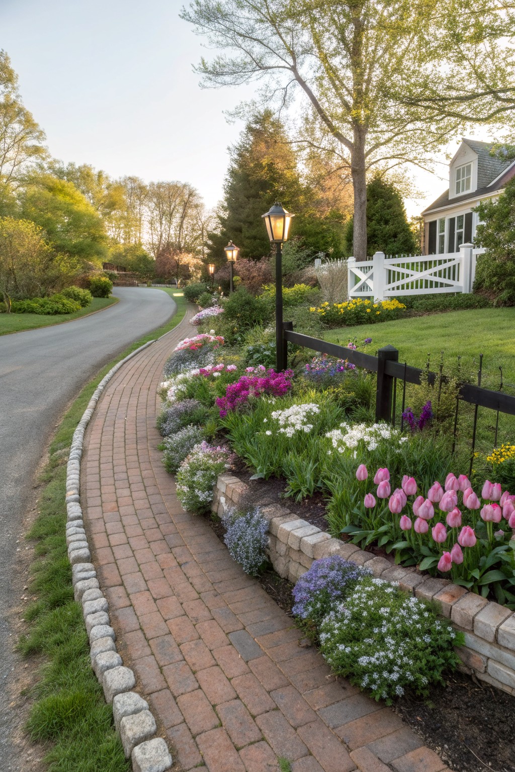 Curved brick pathway with stone curbing and flower beds containing pink tulips, white flowers, and other blooms along an asphalt road, with a black lamp post, white gate, trees, and house in the background.