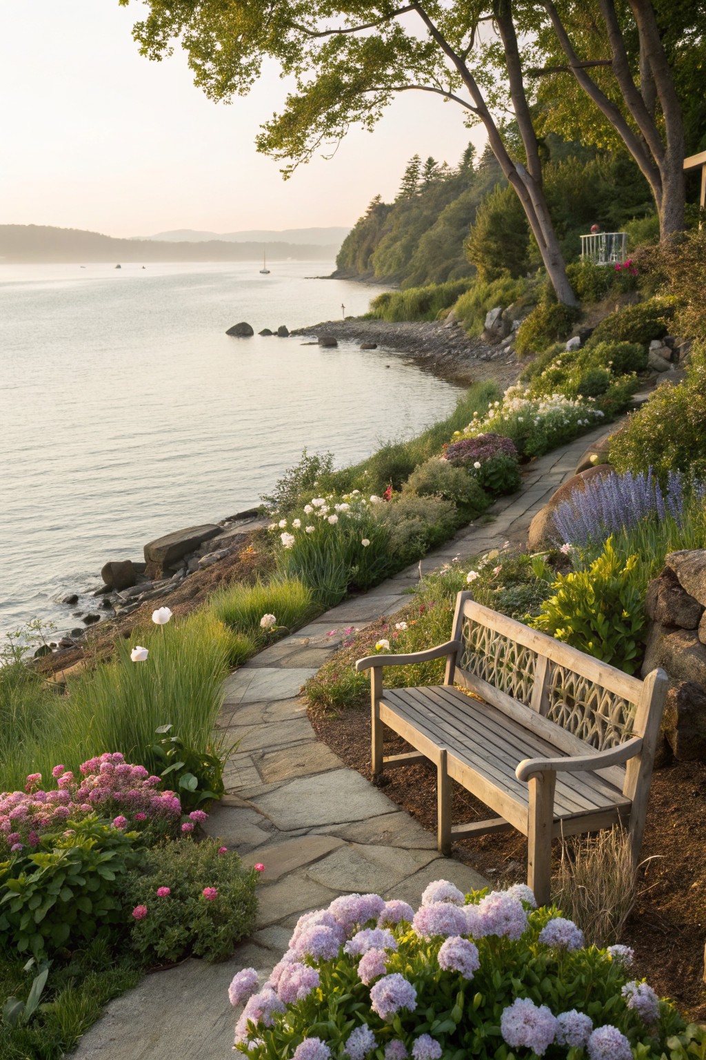 Stone pathway curves through garden beds filled with pink hydrangeas, white flowers, lavender spikes, grasses, and shrubs, ending at a wooden bench beside rocks overlooking a calm bay with distant sailboats and forested hills at dusk.