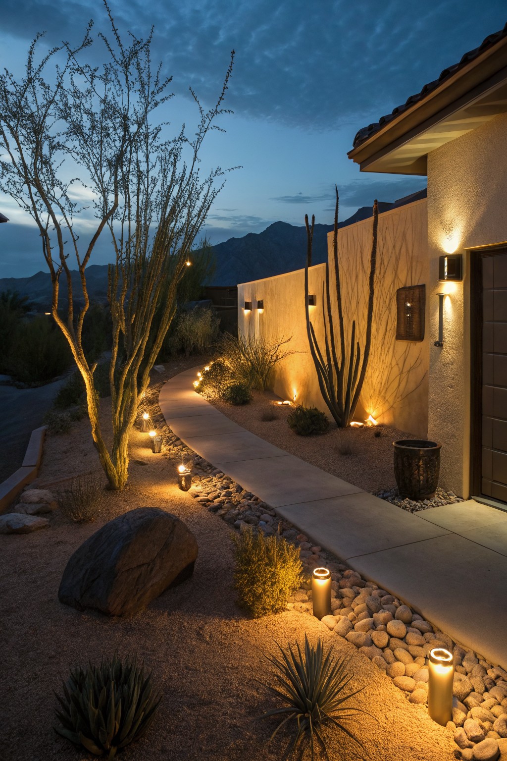 Twilight photo of a desert front yard with a curving concrete pathway lined by glowing cylinder bollard lights, surrounded by gravel, rocks, ocotillo trees, tall cacti, agave plants, and a modern beige stucco house with garage.