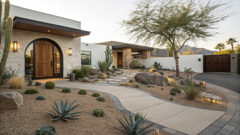 White stucco modern house with black accents and wooden entry door, fronted by curved gray concrete stepping stone pathway in gravel bed edged with agave plants, boulders, and desert shrubs under a palo verde tree at dusk.