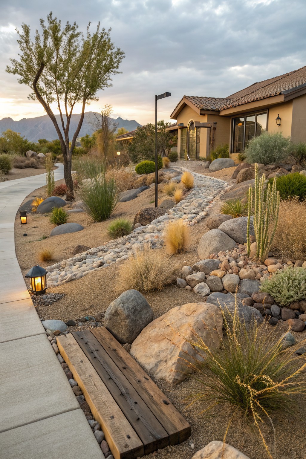 Curved gravel pathway edged with boulders, desert grasses, cacti, and low-voltage lanterns in a rocky front yard leading to a terracotta house at dusk with mountains behind.