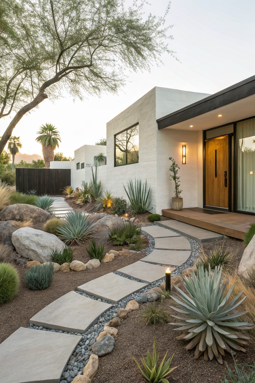White stucco modern house with black accents and wooden entry door, fronted by curved gray concrete stepping stone pathway in gravel bed edged with agave plants, boulders, and desert shrubs under a palo verde tree at dusk.