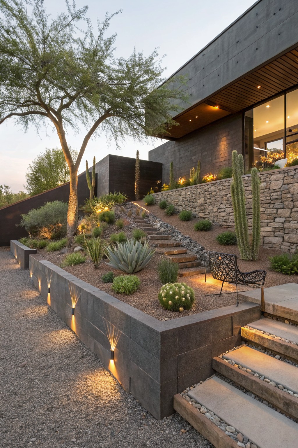Desert front yard on a slope with dark stone retaining walls containing integrated uplights, gravel ground cover, agave plants, cacti, stone steps, and a modern house above.