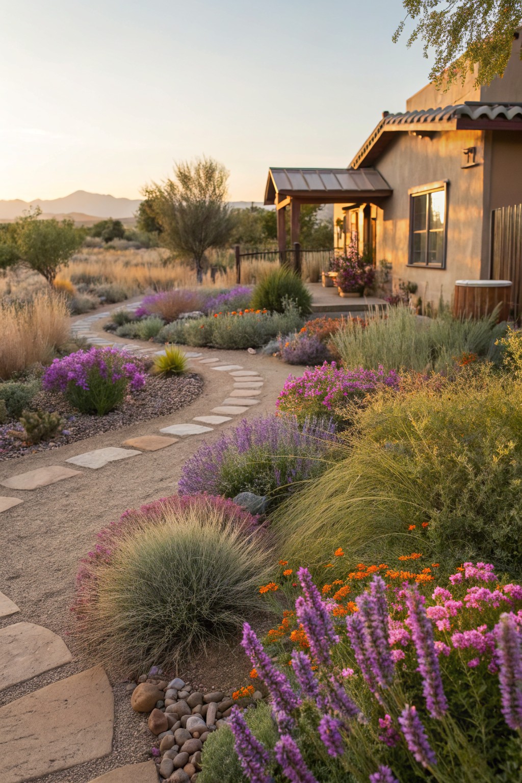 A curved path of irregularly shaped flat stones set in light gravel winds through a desert front yard garden planted with various grasses, purple and pink flowering perennials, and shrubs, leading toward the side of a stucco house with a metal roof at sunset.