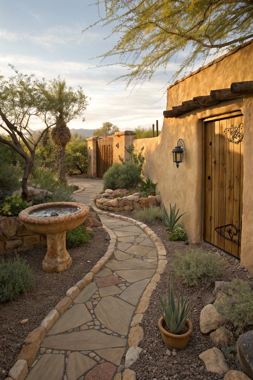 Winding flagstone path curves through desert garden with agave plants, rocks, gravel, a terra cotta birdbath, and low shrubs leading to wooden door on adobe wall under palo verde tree.