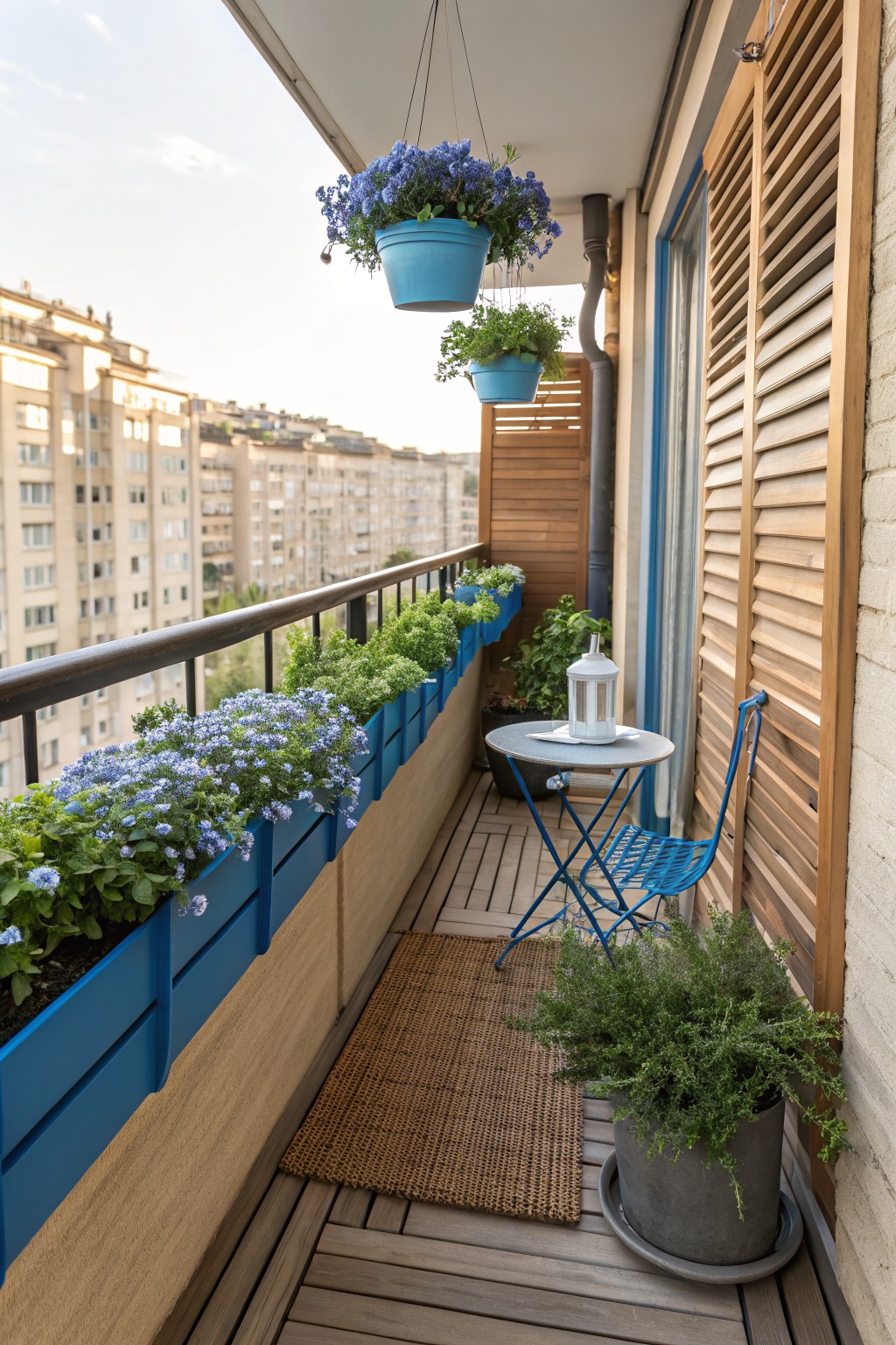 A narrow outdoor balcony featuring blue rectangular planters mounted on the metal railing and filled with blue flowers, hanging blue pots with flowers, a small round white table with a lantern, blue folding chairs, potted green plants, wooden decking, and a view of city buildings.