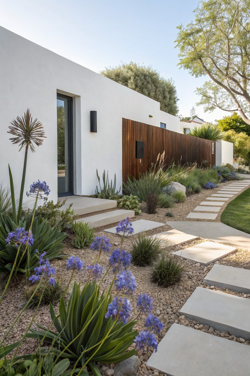 White stucco house with dark wood fence beside a curving concrete paver path through gravel garden bed planted with blue agapanthus flowers, agave plants, grasses, and rocks leading to entry steps and glass door.