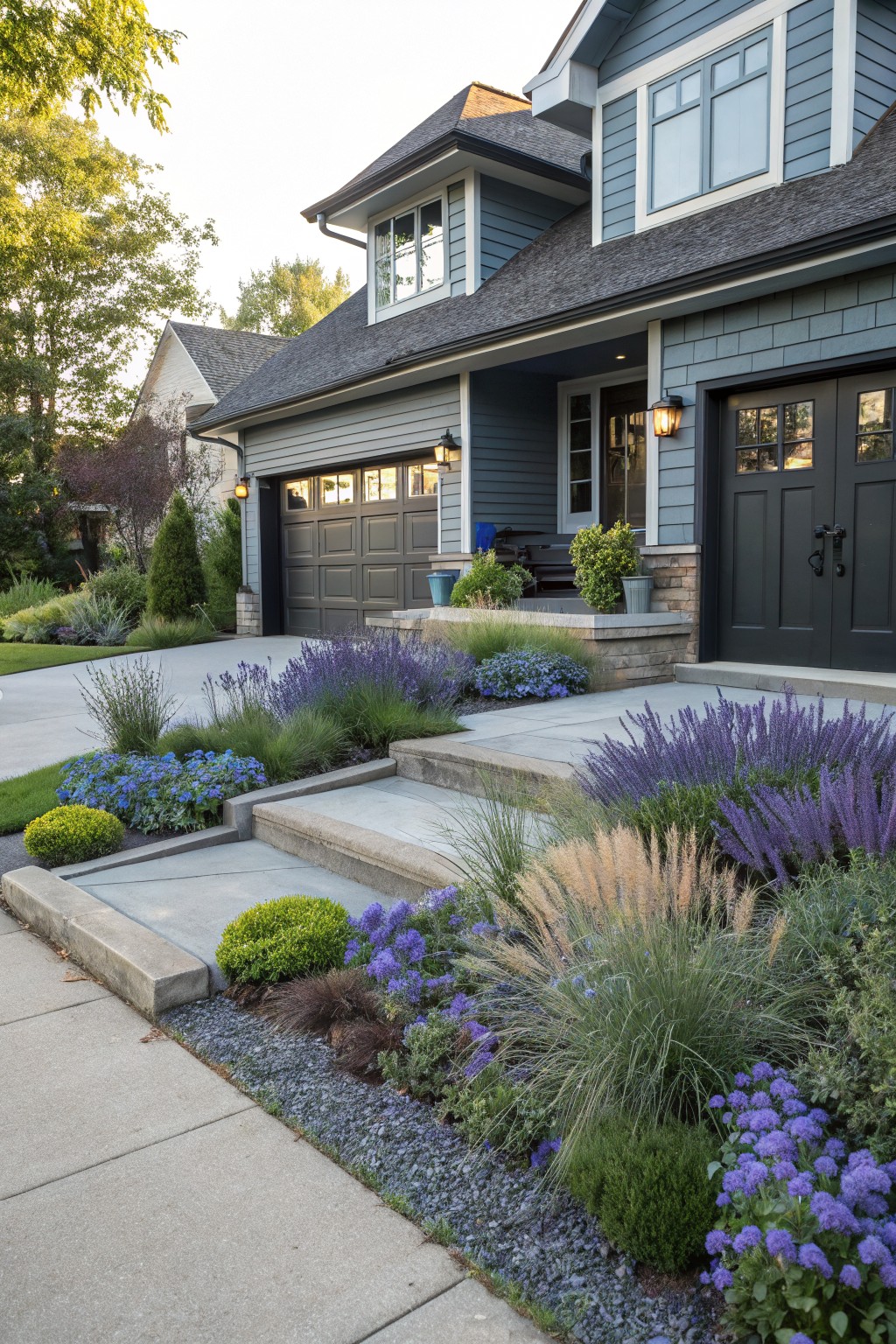 Blue clapboard house with gray garage doors and black front doors, surrounded by landscaped beds of purple lavender, blue flowers, ornamental grasses, and gravel mulch along concrete driveway and entry steps.