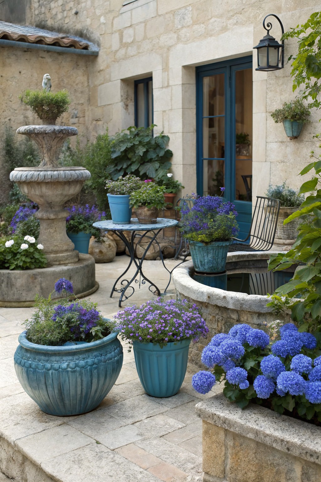 Stone courtyard featuring a central fountain surrounded by blue pots of hydrangeas and other purple-blue flowers, a small metal table with chairs, potted plants, and beige stone walls with blue doors.