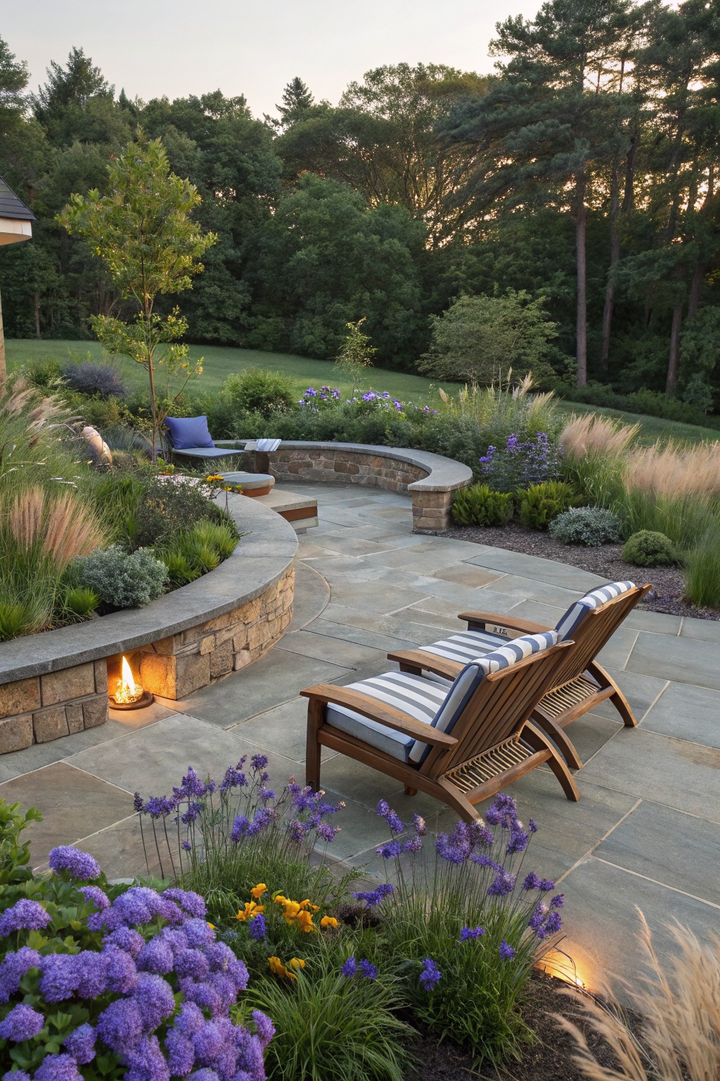 Curved stone retaining wall with built-in fire pit and bench seating, two striped wooden Adirondack chairs on bluestone pavers, surrounded by purple flowers, grasses, and garden plantings.