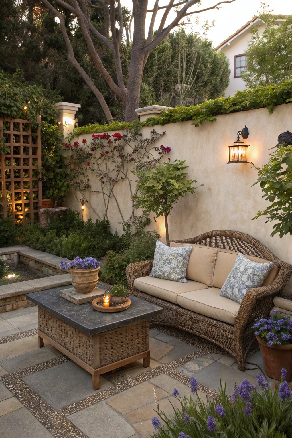 Wicker loveseat and coffee table on a stone patio in a garden with blue flowers, green plants, potted trees, stucco walls, lanterns, and a small fountain.