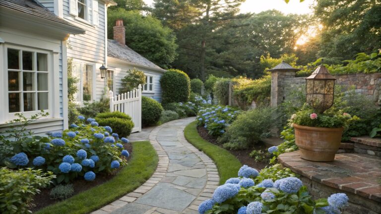 15 Dreamy Blue Flower Garden Landscaping That Feels Serene A curving gray stone path lined with large blue hydrangea bushes leads through a green garden to a white wooden gate beside a brick wall and hanging lantern.