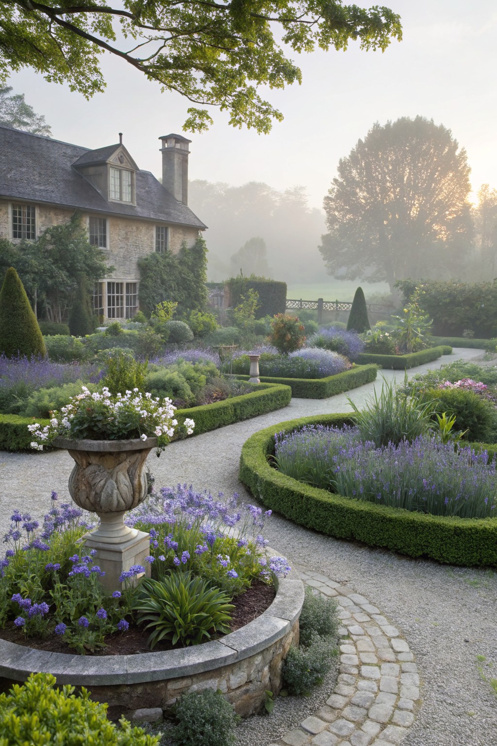Formal parterre garden with gravel paths, boxwood hedges, lavender beds, and a stone urn planter in the foreground, beside a stone house and trees in morning mist.