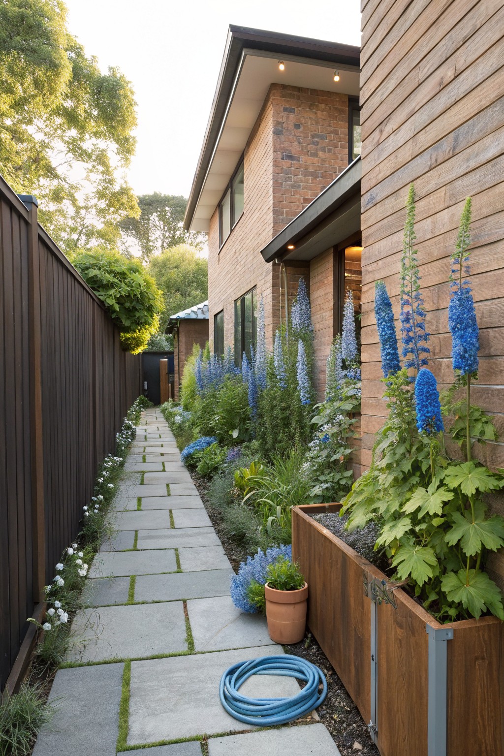 Narrow bluestone pathway running alongside a house with brick and timber walls and a tall wooden fence, lined with tall blue delphinium spikes, white flowering plants, greenery, and a wooden planter box.