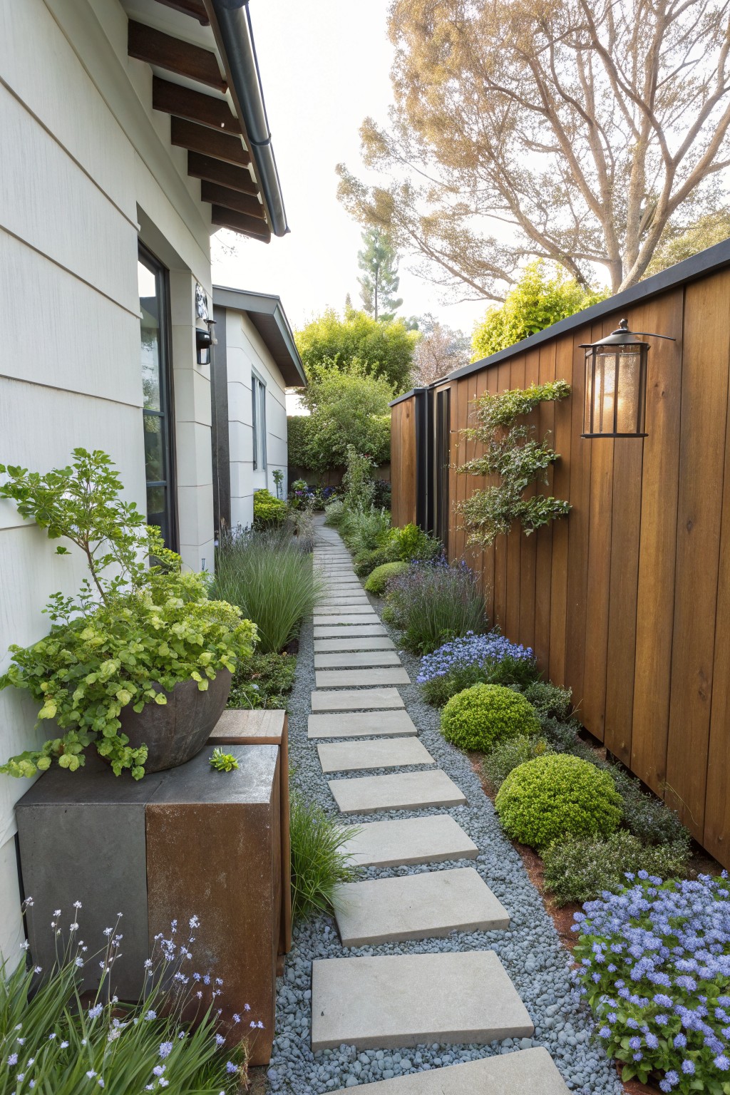 Narrow outdoor pathway of large rectangular concrete stepping stones set in gray pea gravel, bordered by green shrubs, potted plants, and clusters of small blue flowers, between a white stucco house wall and vertical cedar fence.