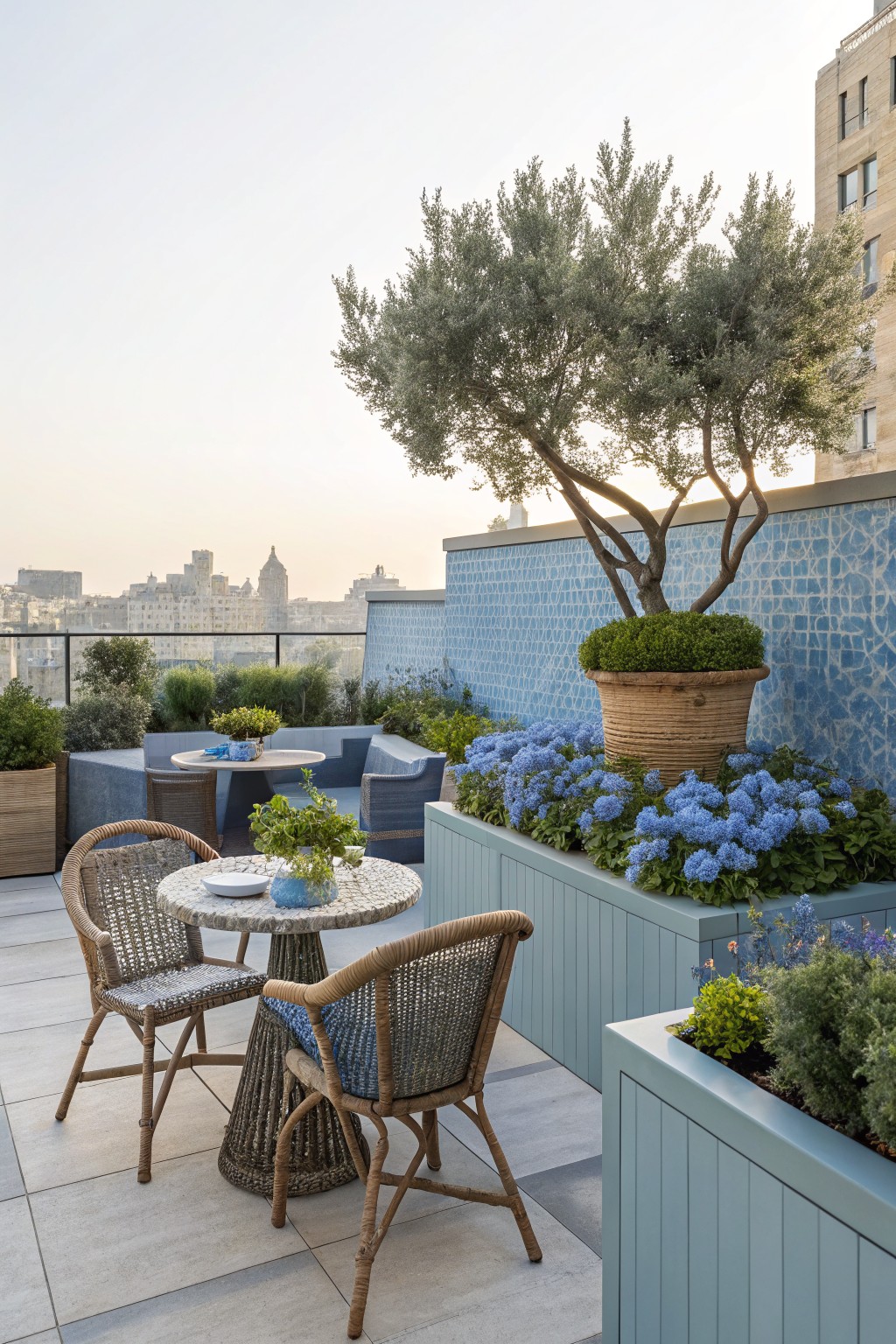 Rooftop terrace with a round mosaic-topped table and two rattan chairs, bordered by raised blue-painted planters overflowing with blue hydrangeas, olive trees in pots, and a city skyline in the background.