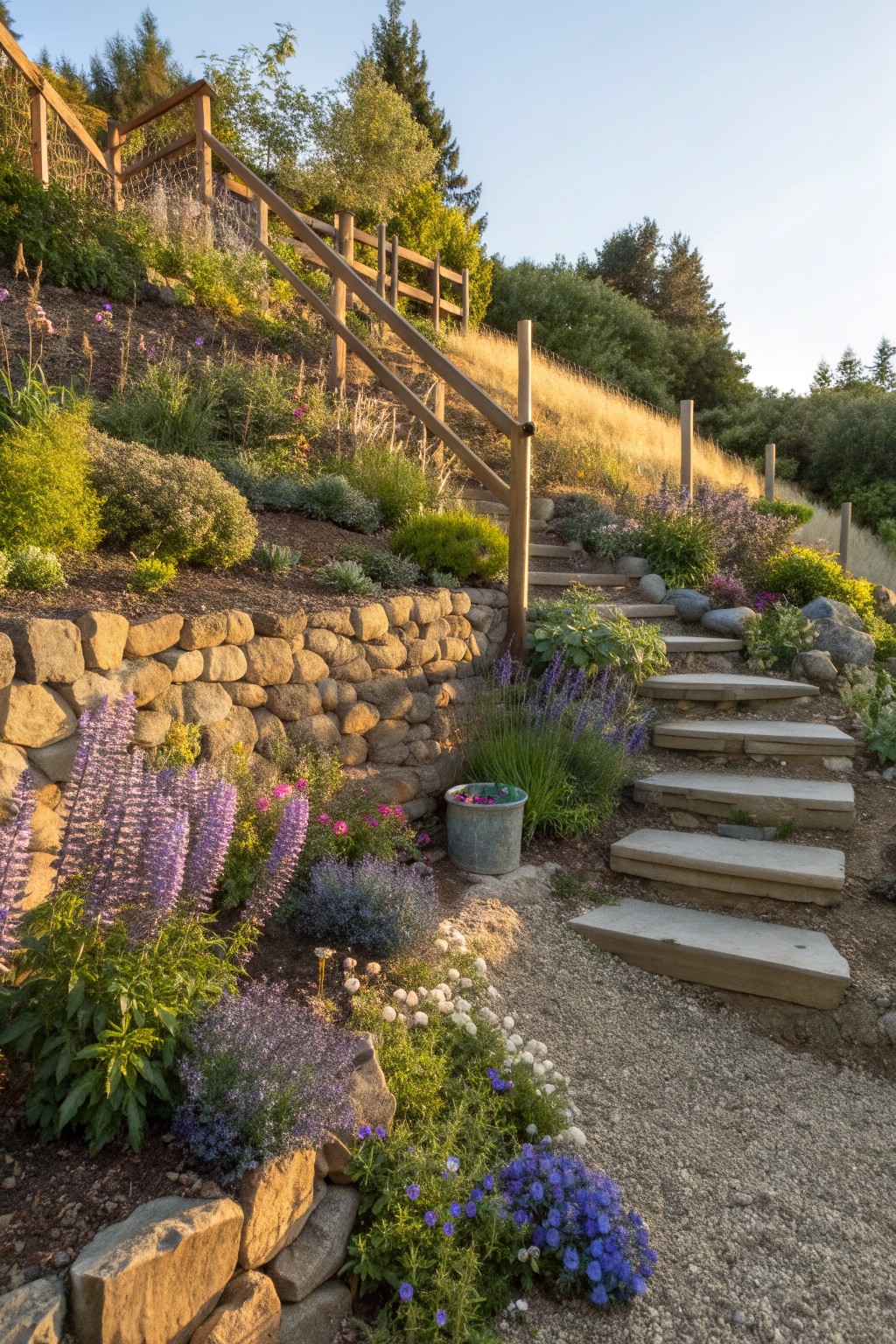 Hillside terraced garden with natural stone retaining walls, wide irregular stone steps, wooden railings, gravel path, and plantings of purple lupines, blue flowers, grasses, and shrubs.
