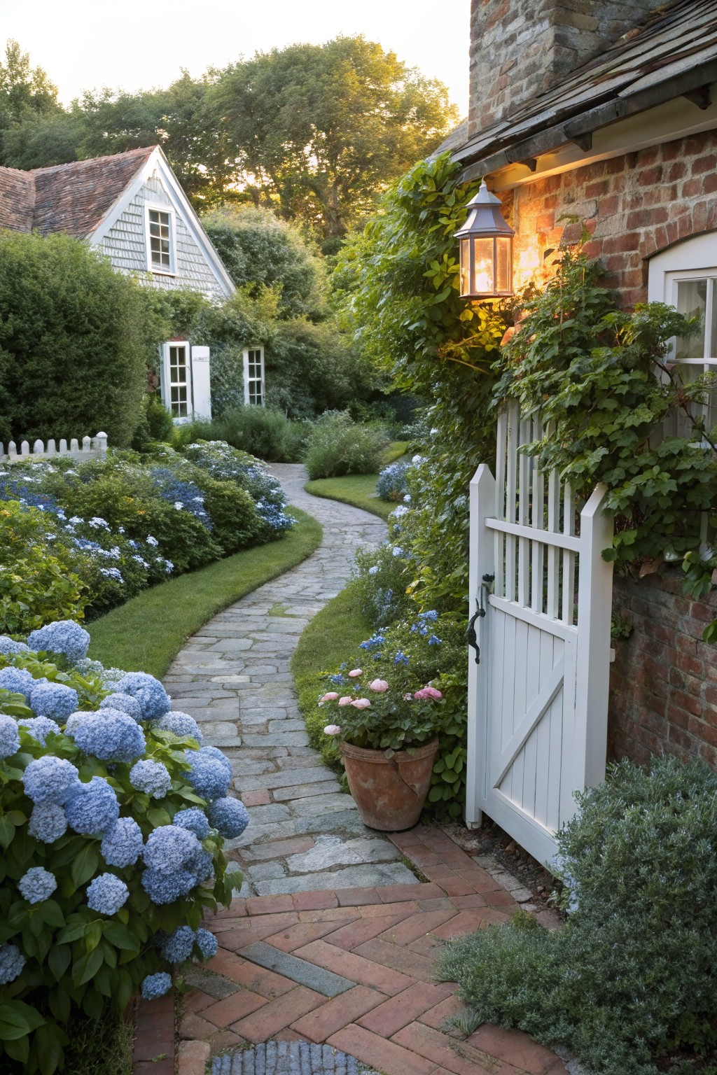 A curving gray stone path lined with large blue hydrangea bushes leads through a green garden to a white wooden gate beside a brick wall and hanging lantern.