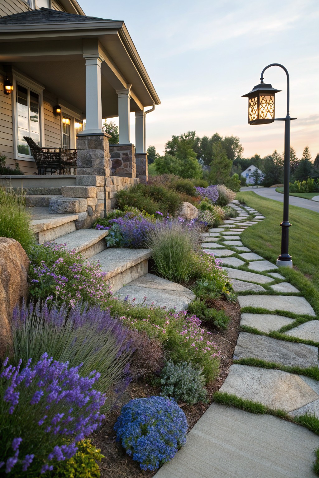 Beige house with covered porch and stone steps beside a curving flagstone path through garden beds of purple lavender, blue fescue, pink flowers, ornamental grasses, and large rocks, with a lantern streetlamp nearby at dusk.