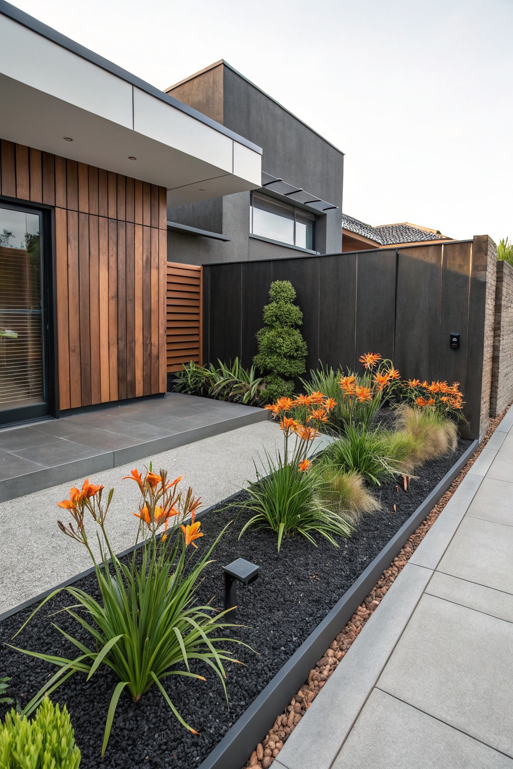 Modern house exterior with concrete entry path bordered by linear black mulch bed planted with orange clivias, grasses, and gravel edging next to wooden cladding and dark fence.
