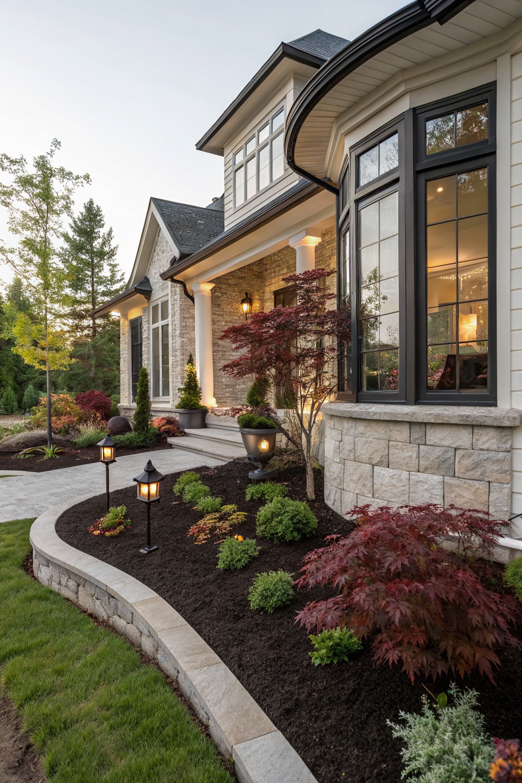 House exterior with curved stone retaining wall beds filled with dark mulch, shrubs, red Japanese maples, pathway lanterns, steps, and grass lawn.