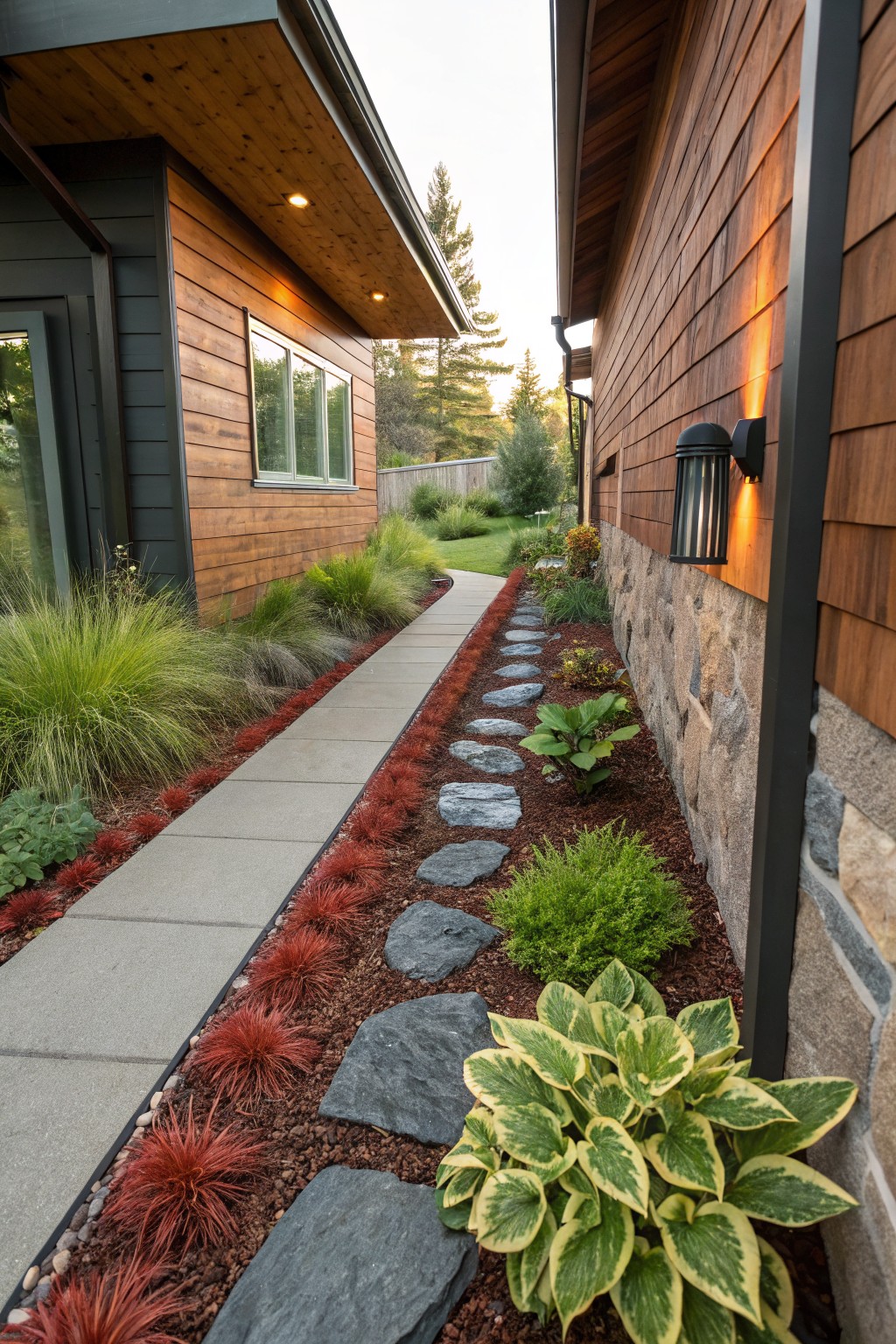 A concrete walkway bordered by a narrow bed of red mulch with ornamental grasses, hostas, and dark slate stepping stones, adjacent to a wooden-sided house wall with exterior lighting.