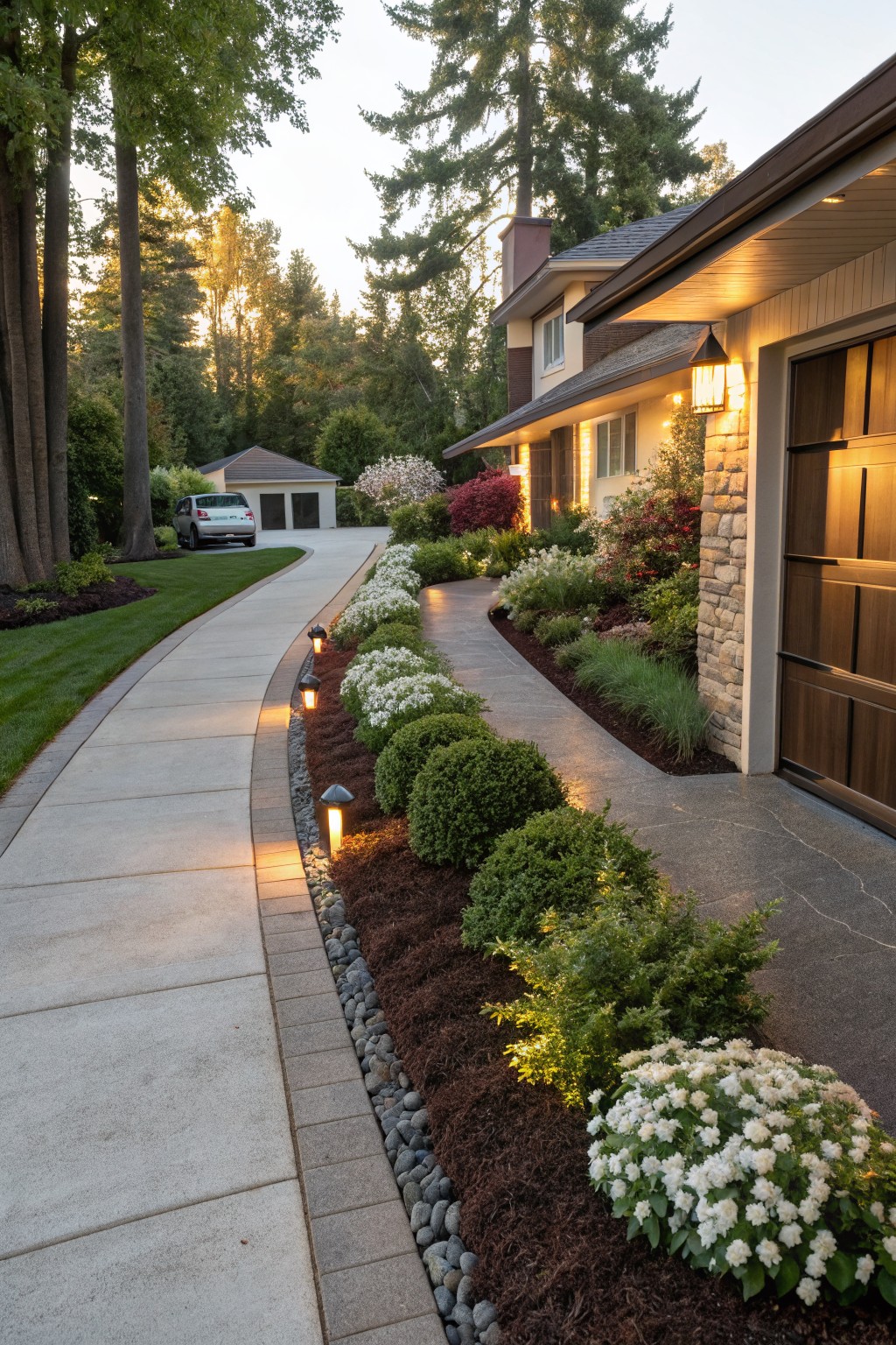 Curved concrete walkway bordered by dark mulch beds with boxwood shrubs, white flowering plants, ornamental grasses, river rock edging, and low path lights, leading past a driveway to a house garage surrounded by trees.