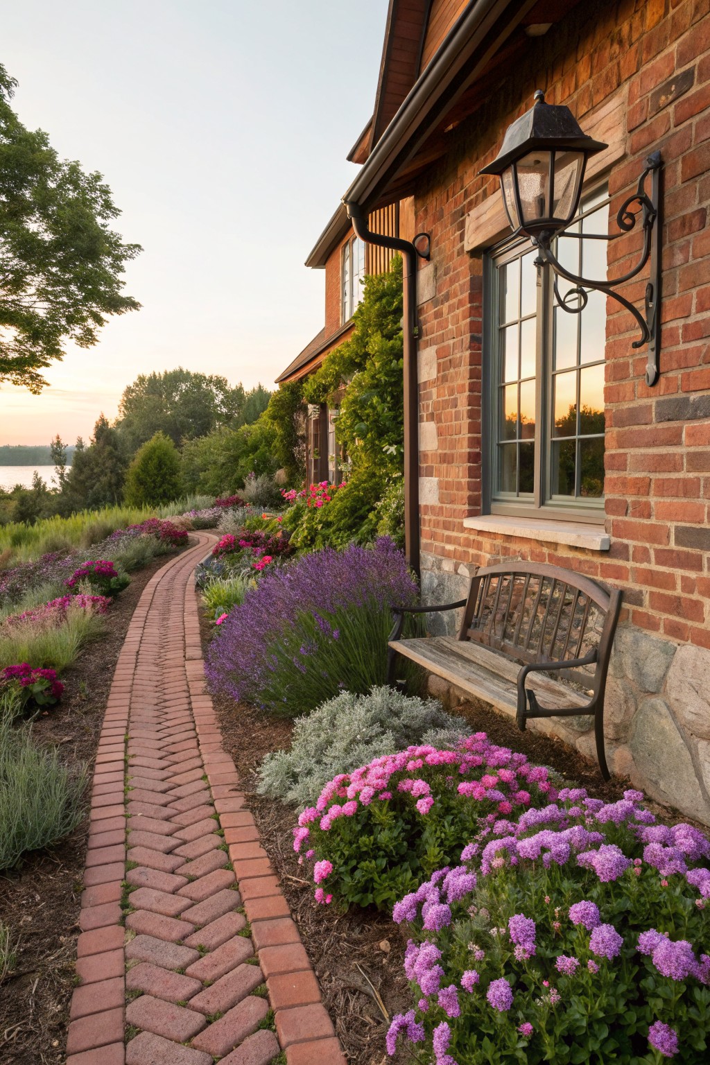 Mulch Beds Framing a Brick Garden Path