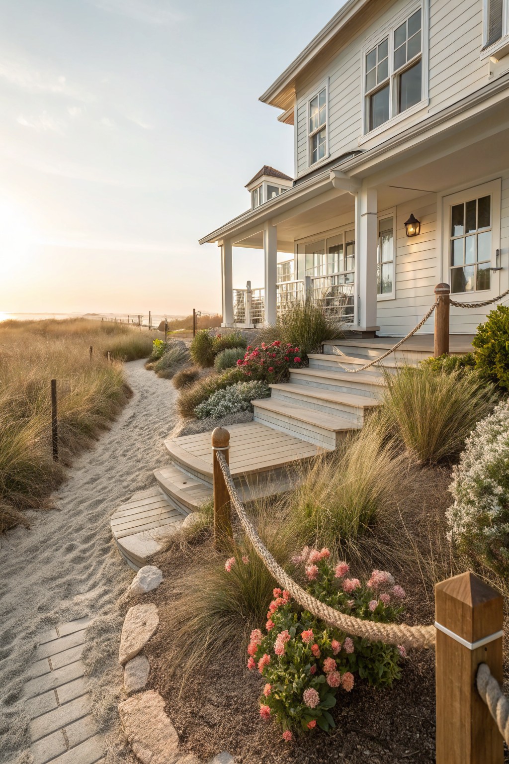 Elevated white shingle-style beach house with wraparound porch and stairs, connected to dunes by a sandy path flanked by grasses, shrubs, pink flowers, rocks, and rope railings at sunset.