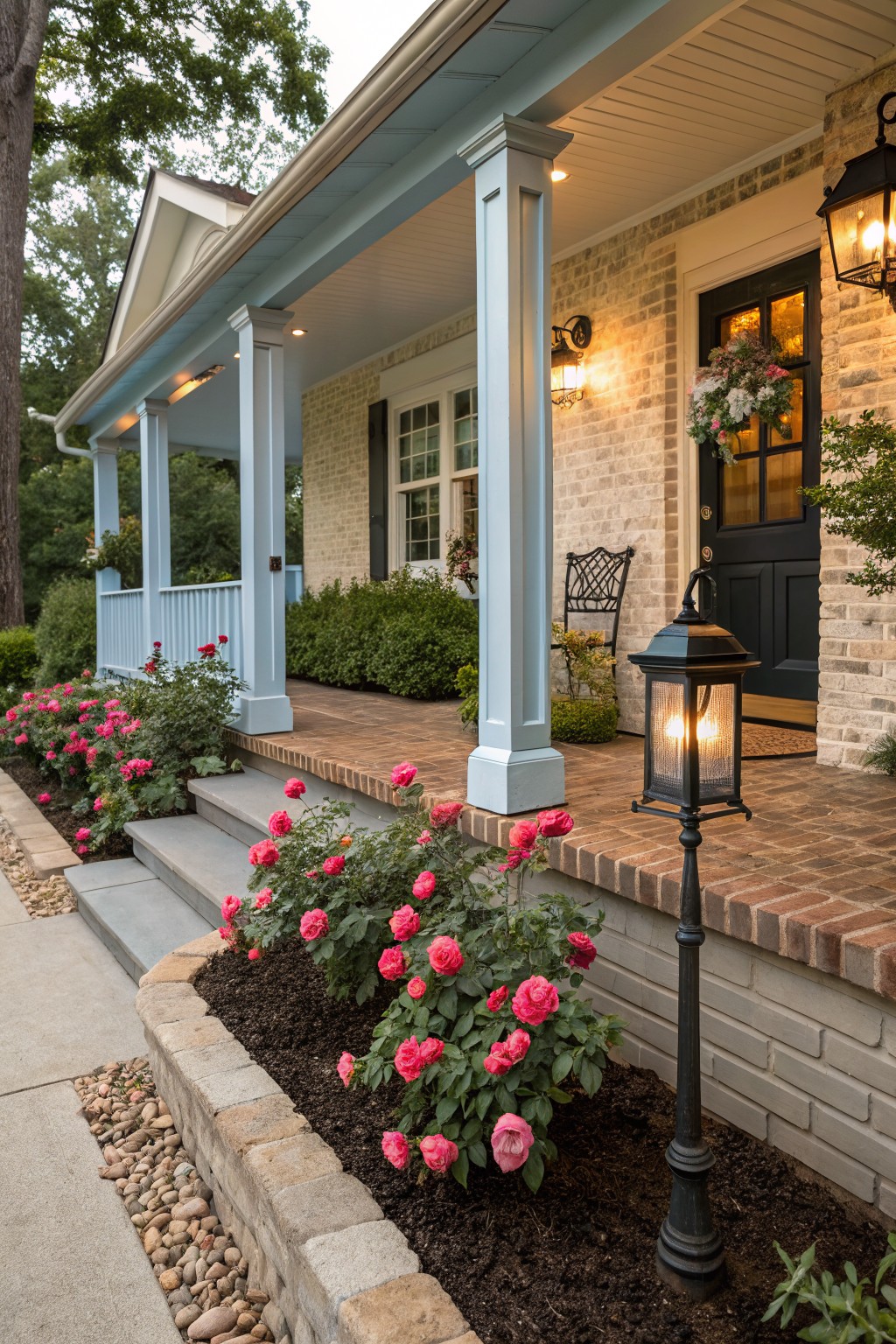 House exterior featuring a covered porch with blue trim and columns, brick steps leading to a dark wood front door, flanked by raised brick-edged flower beds planted with pink roses and mulch, plus lantern lights and shrubs.