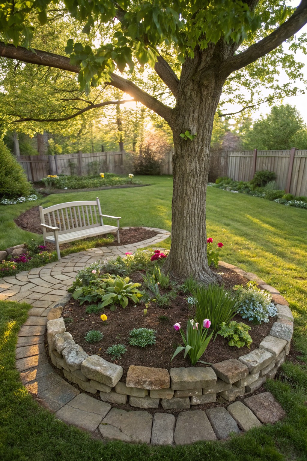 A mature tree in a backyard surrounded by a circular stone-edged flower bed filled with mulch, colorful tulips, hostas, and other plants, with a curved stone path leading to a wooden bench on green grass.