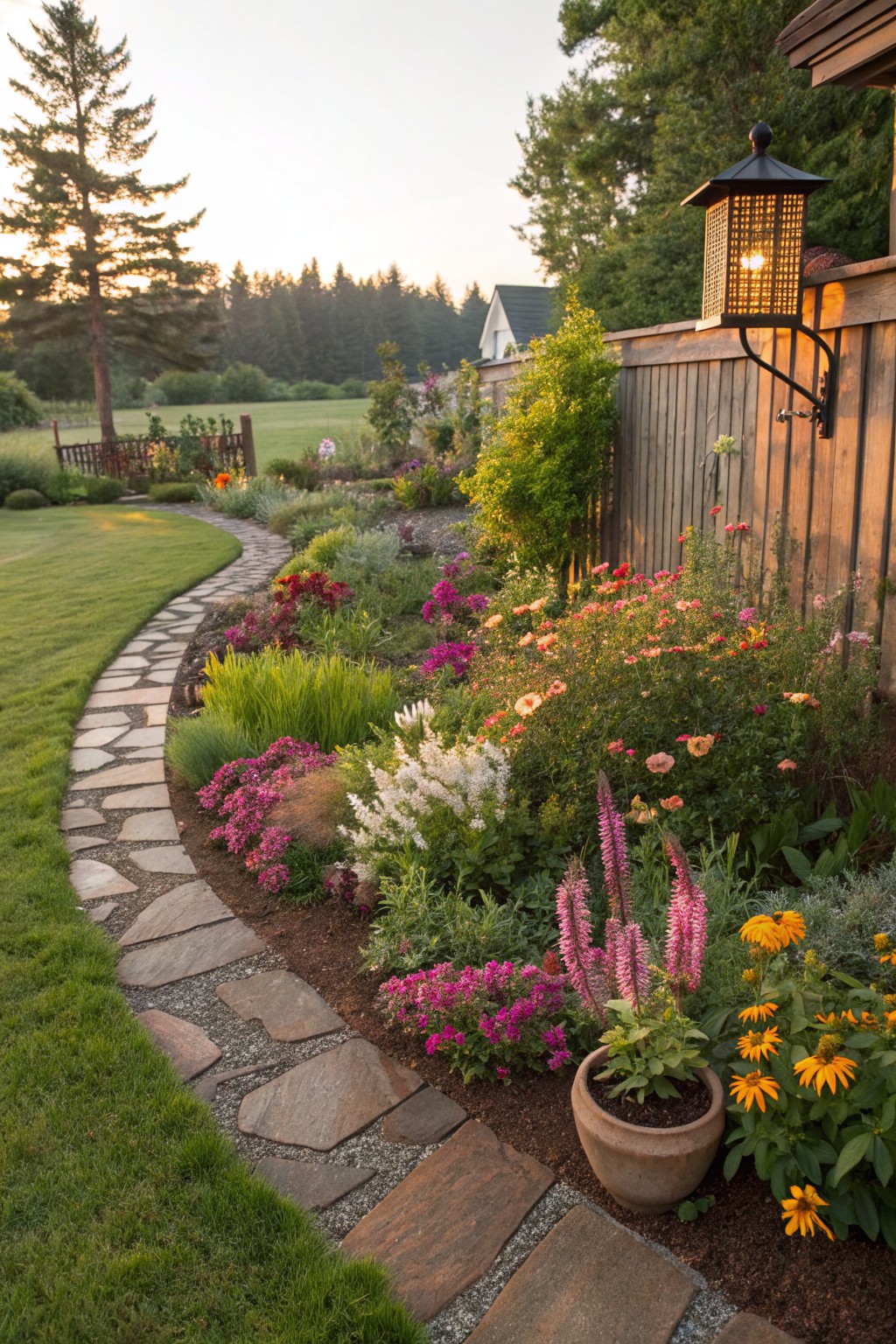 Winding flagstone path curves through mulched flower beds with pink, white, orange, and yellow perennials, bordered by green lawn and wooden fence with hanging lantern, trees and house in background at sunset.