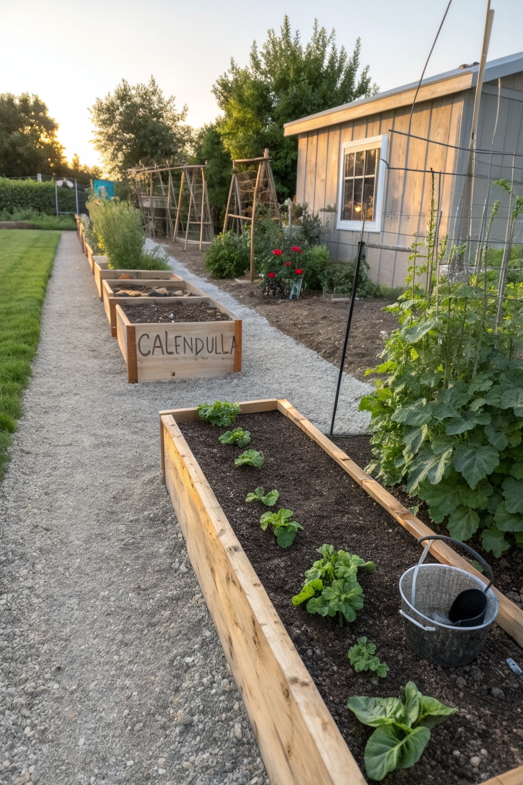 Gravel path lined with multiple wooden raised garden beds labeled Calendula and planted with young green plants, adjacent to a small gray shed and other garden features.