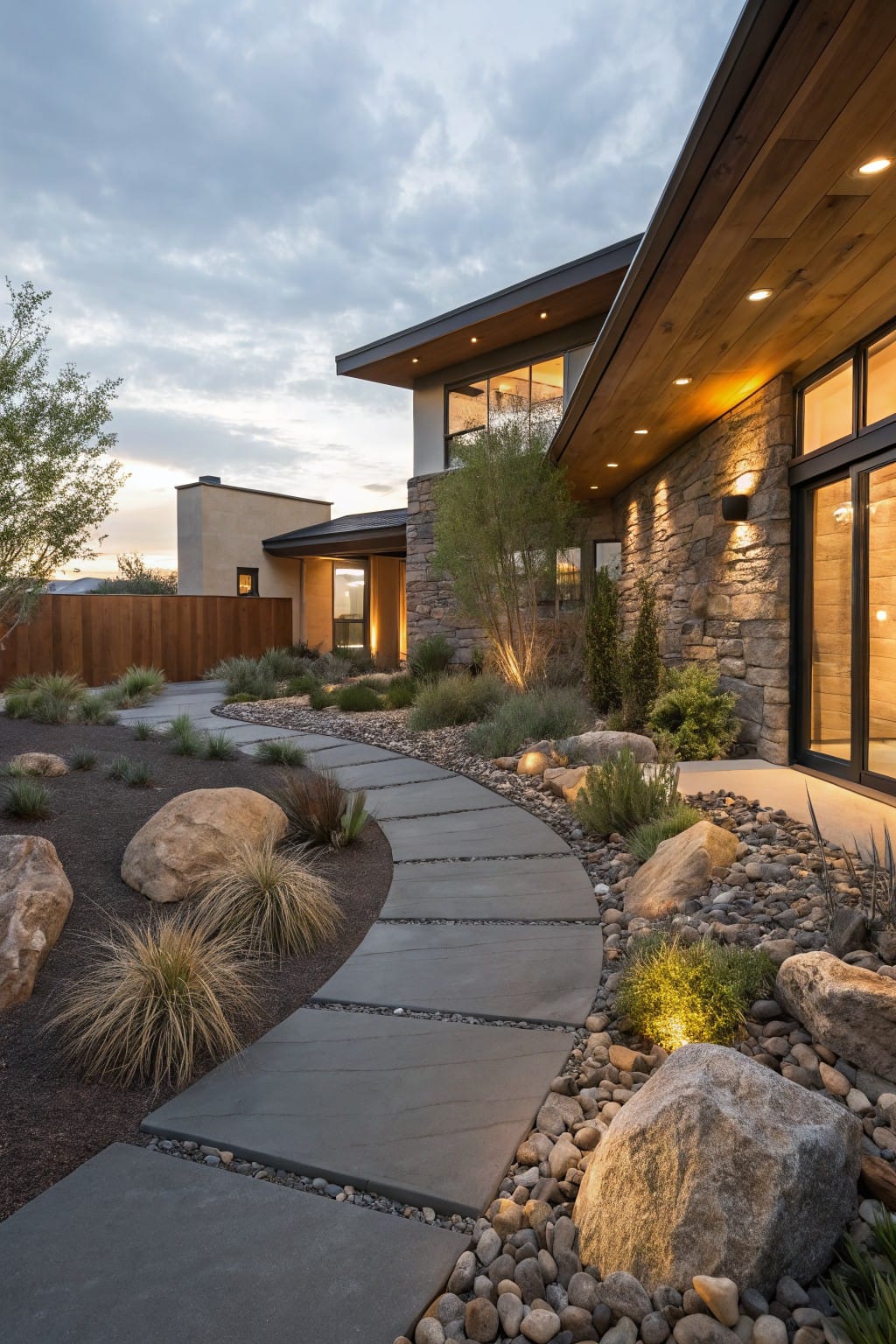 Modern house exterior at dusk showing a curving dark slate stone pathway winding through gravel ground cover, large boulders, and desert grasses toward sliding glass doors flanked by stone walls.