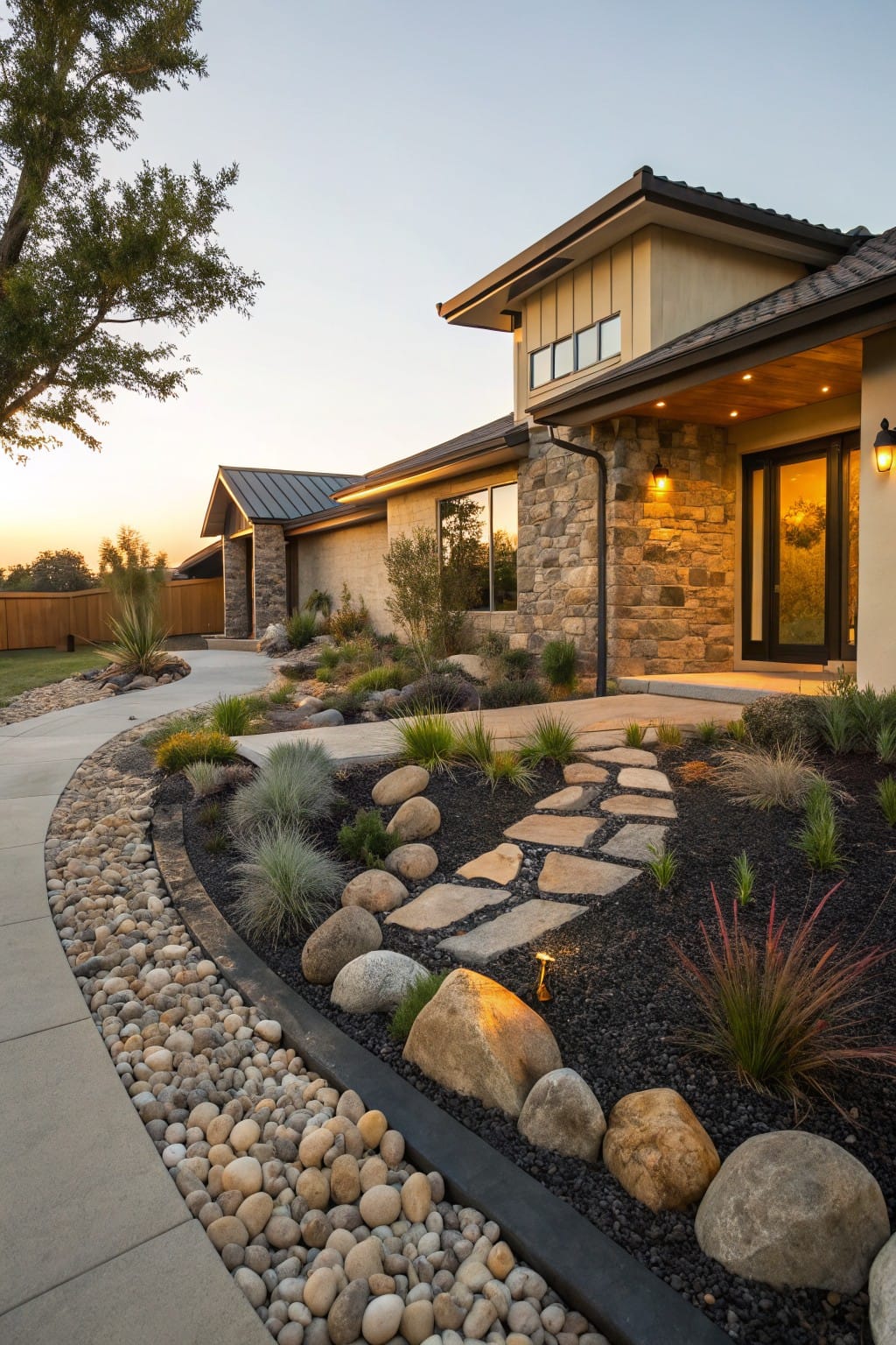Curved concrete walkway leading to a modern house entry, edged with gravel, river rocks, and large boulders in landscaped beds with drought-tolerant grasses and plants.