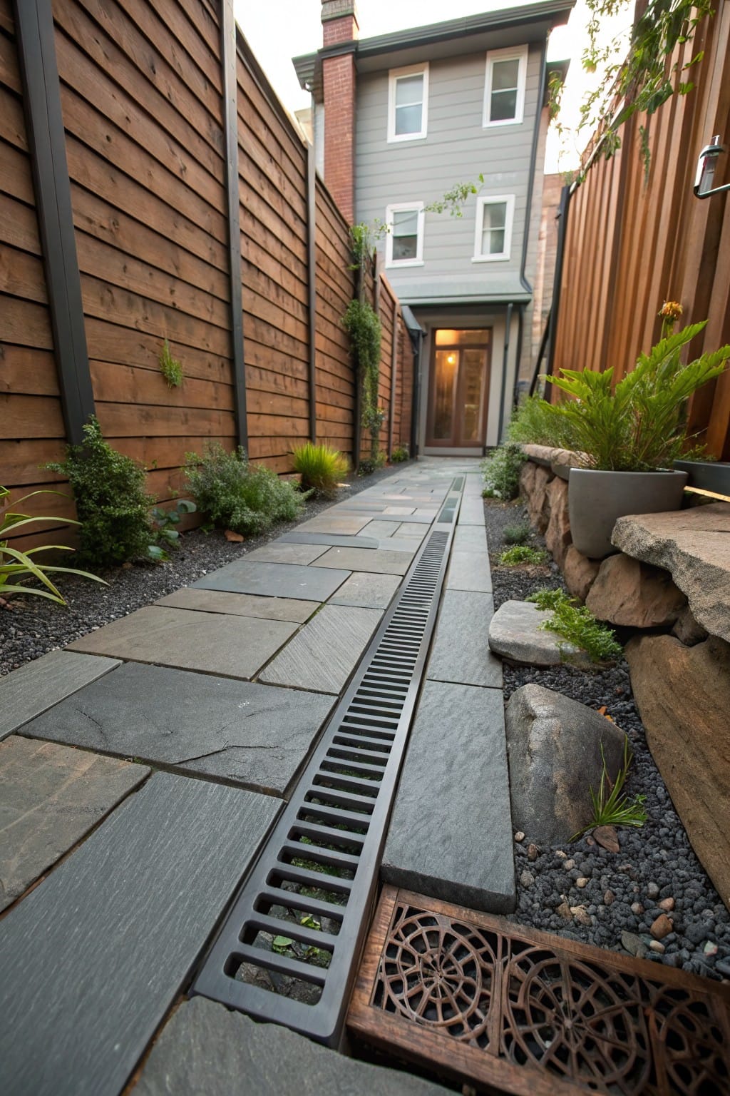 Narrow side yard pathway of rectangular gray slate pavers with a central linear black metal drainage trench and ornate wood grate, bordered by gravel, rocks, plants, and wooden fences leading to a gray house exterior door.
