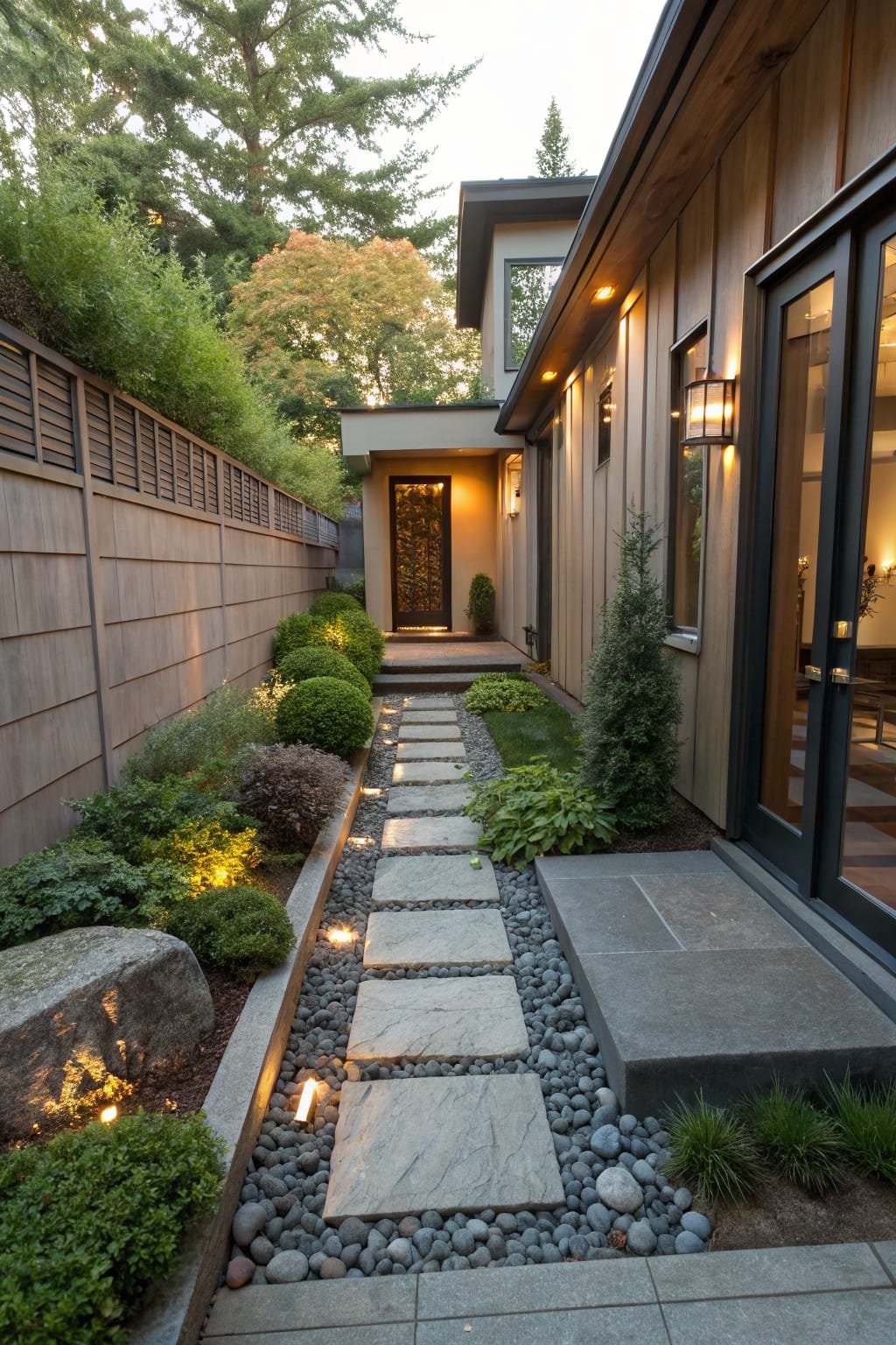 Narrow outdoor path of irregular stone stepping stones flanked by gravel beds filled with river rocks and edged by plants, leading to a wooden house entrance with fencing and lighting.