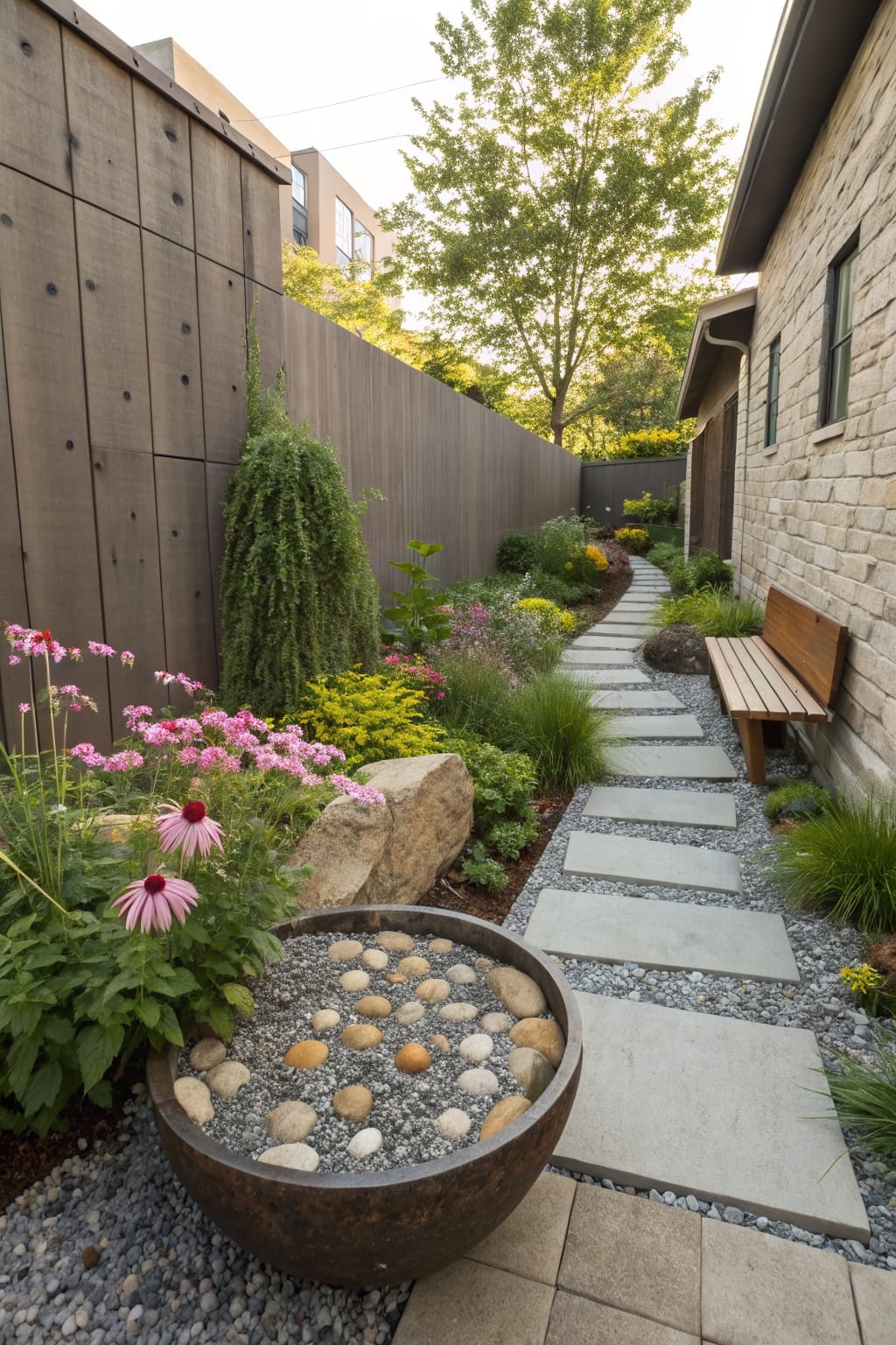 Narrow outdoor path of rectangular gray stepping stones set in gravel, lined with colorful flowers, grasses, a large boulder, a metal bowl filled with pebbles and rocks, a wooden bench against a stone wall, and fenced boundaries.