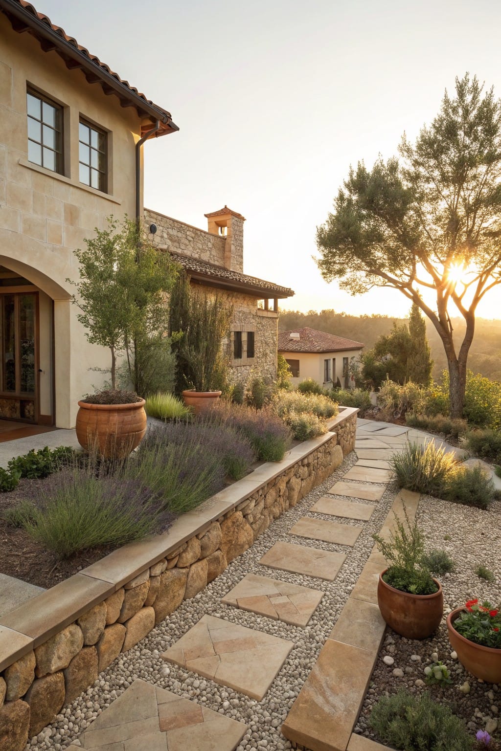 Stone retaining wall with gravel and stone slab pathway leading to arched entry of stucco house, surrounded by lavender plants and terracotta pots on a sloped hillside at sunset.