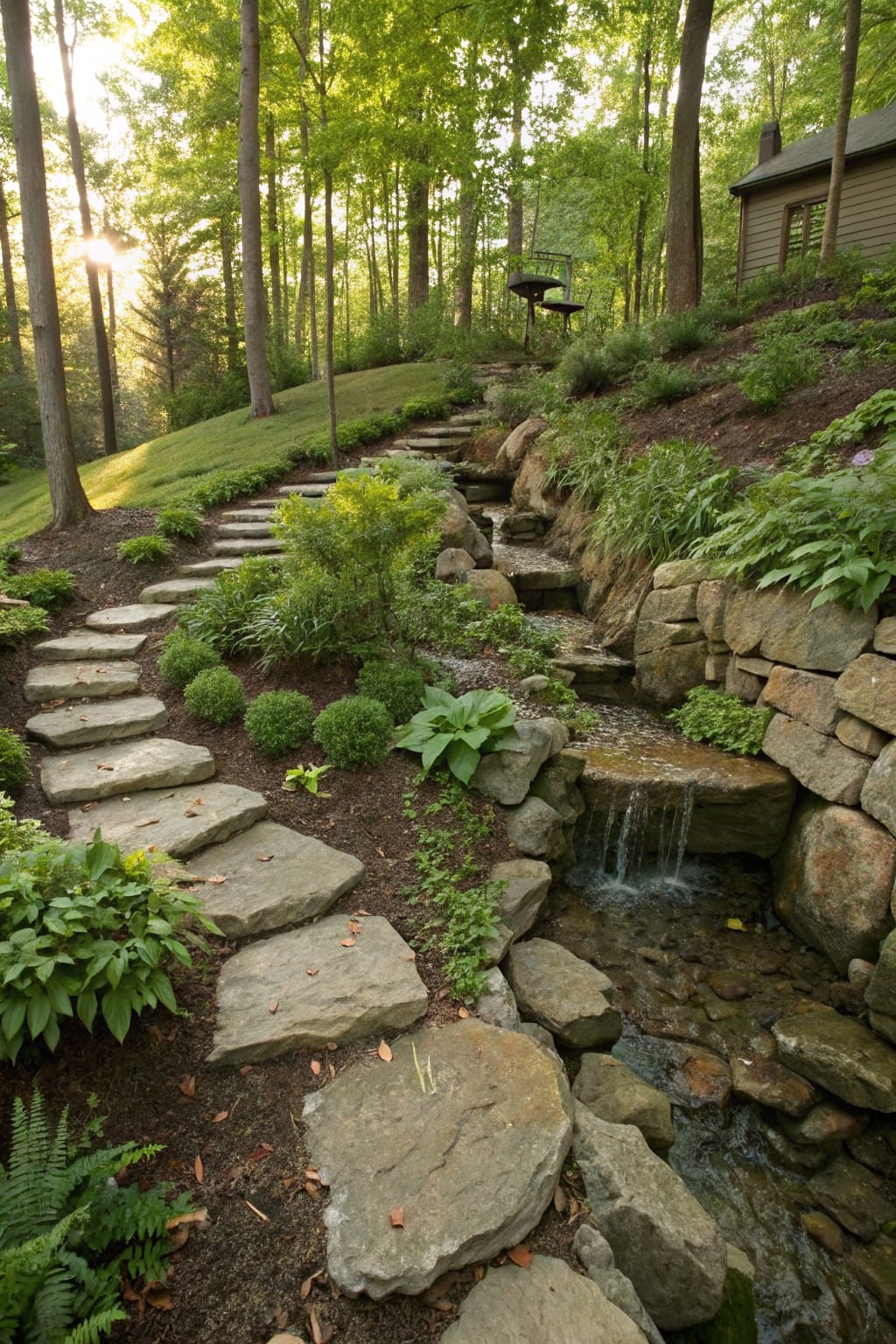 Winding irregular stone steps ascend a green hillside beside a small rock-lined stream flowing over stacked stone walls, surrounded by shrubs, ferns, and trees in a wooded setting.