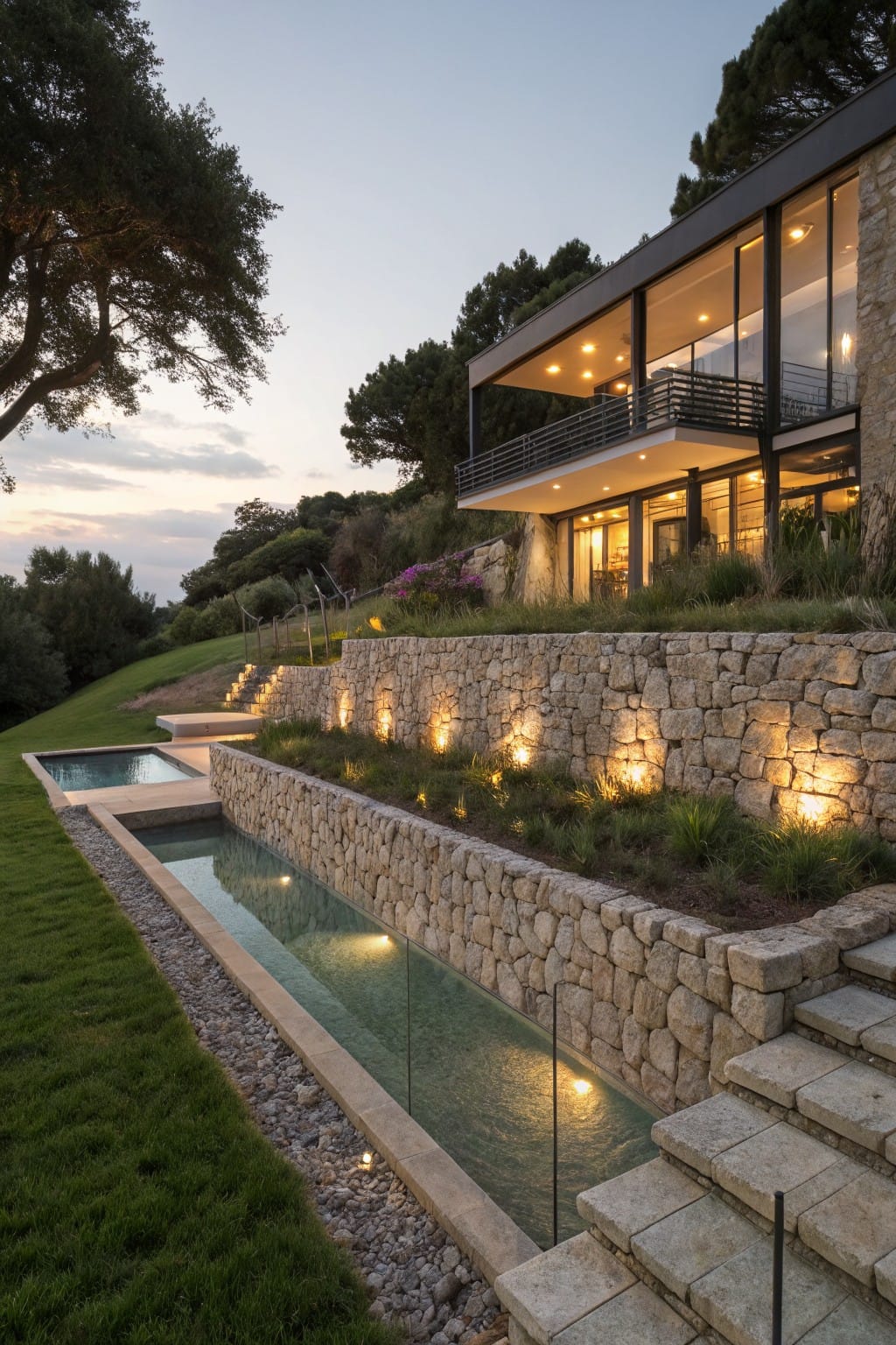 Hillside modern house with terraced dry-stacked stone retaining walls, shallow rectangular pools, steps, grasses, and evening lights.