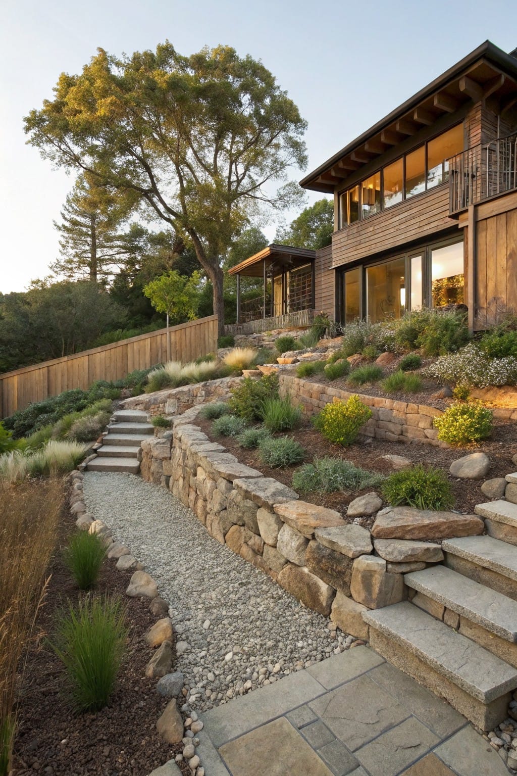 Sloped backyard with dry-stacked stone retaining walls forming terraces, gravel pathway, concrete steps, assorted low-growing plants and shrubs, and a wooden house at the top.